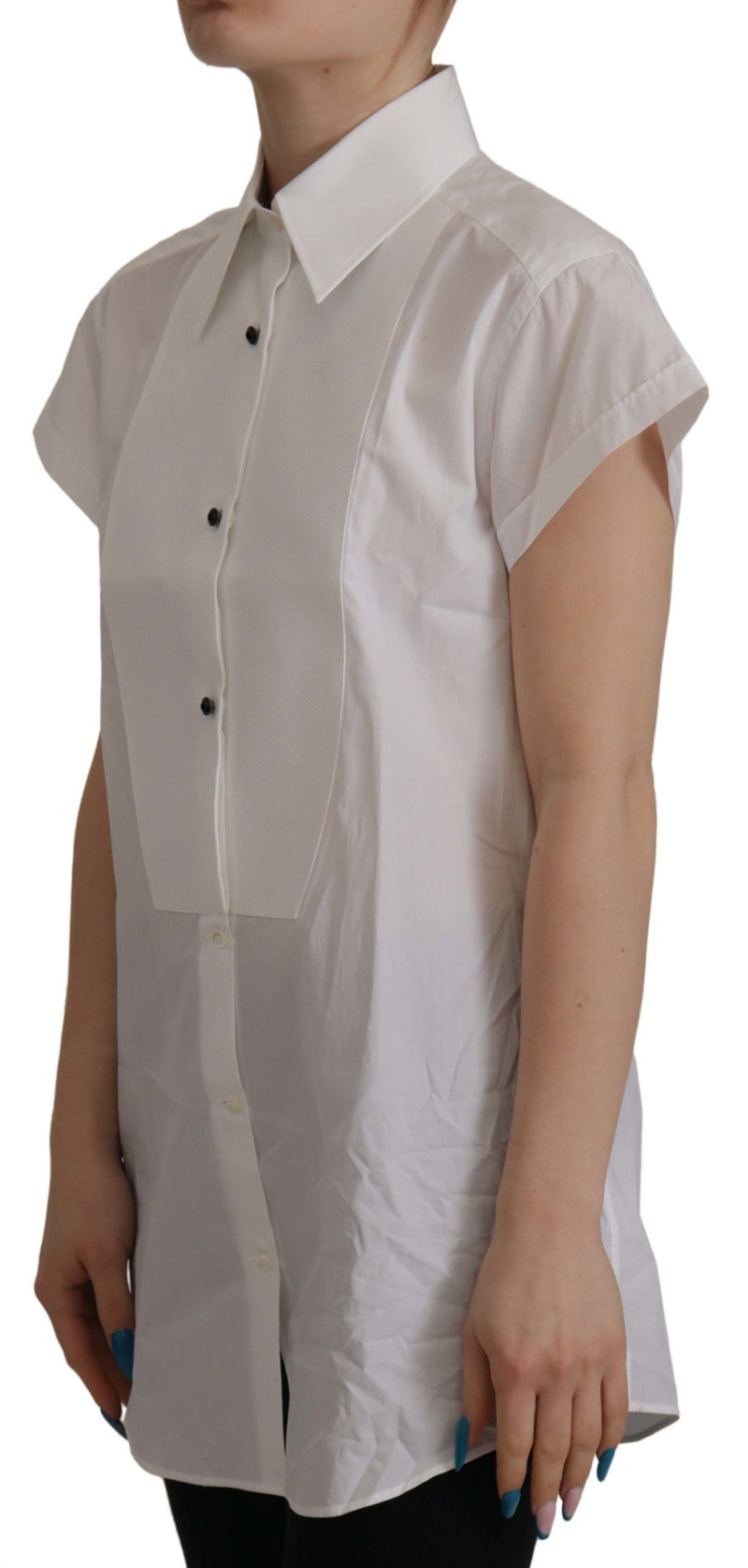 White Short Sleeve Tuxedo Formal Blouse Shirt