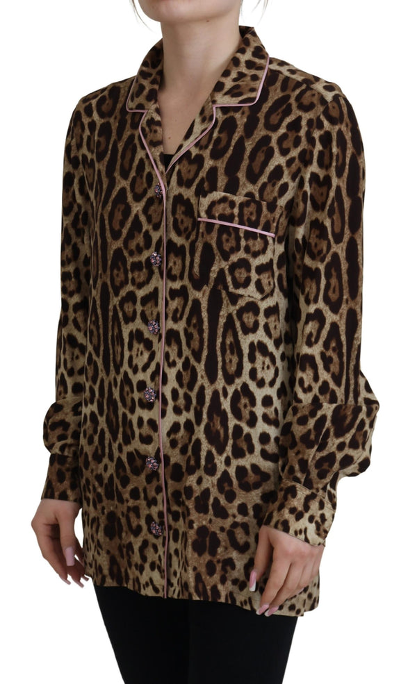 Brown Leopard Print Long Sleeves Blouse Top