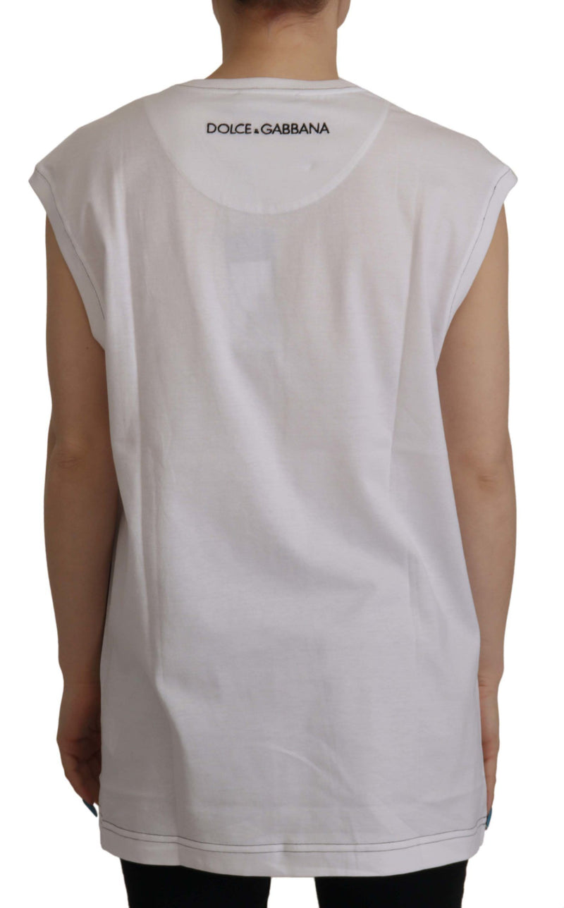 White Cotton Printed Round Neck Tank Top