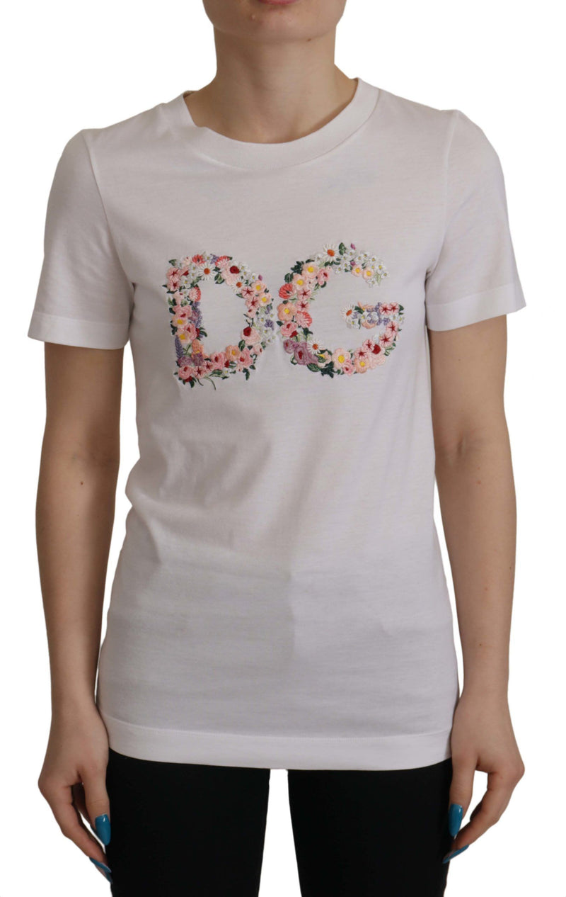 White Flower Embroidered Round Neck T-shirt