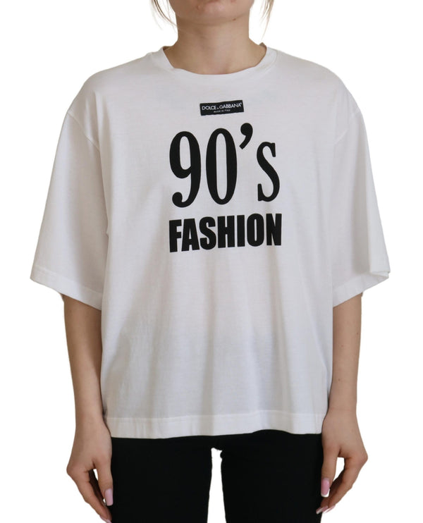 White 90's Fashion Round Neck Cotton T-shirt