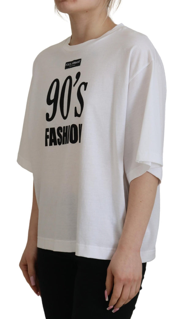 White 90's Fashion Round Neck Cotton T-shirt