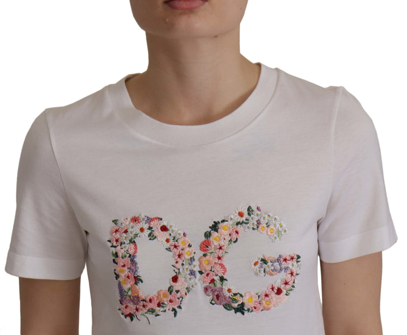 White Flower Embroidered Round Neck T-shirt