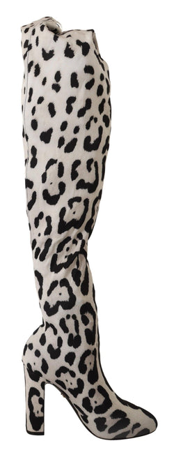 White Black Leopard Stretch Long Boots