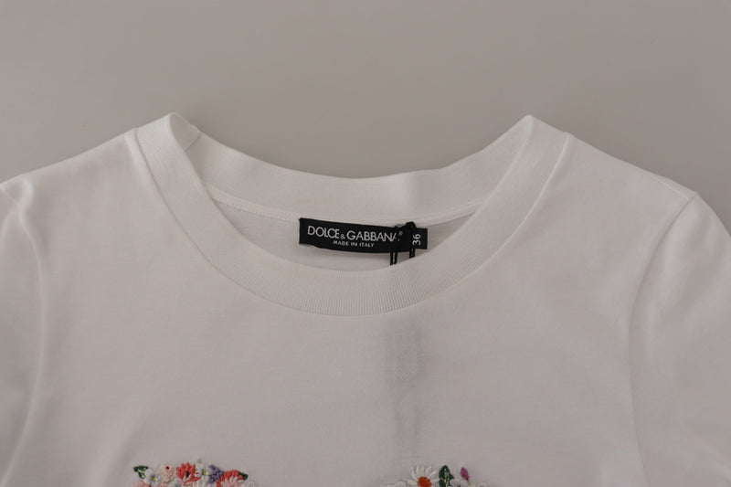 White Flower Embroidered Round Neck T-shirt