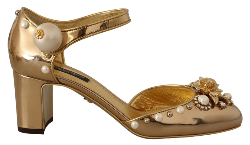 Gold Leather Studded Crystal Ankle Strap Shoes