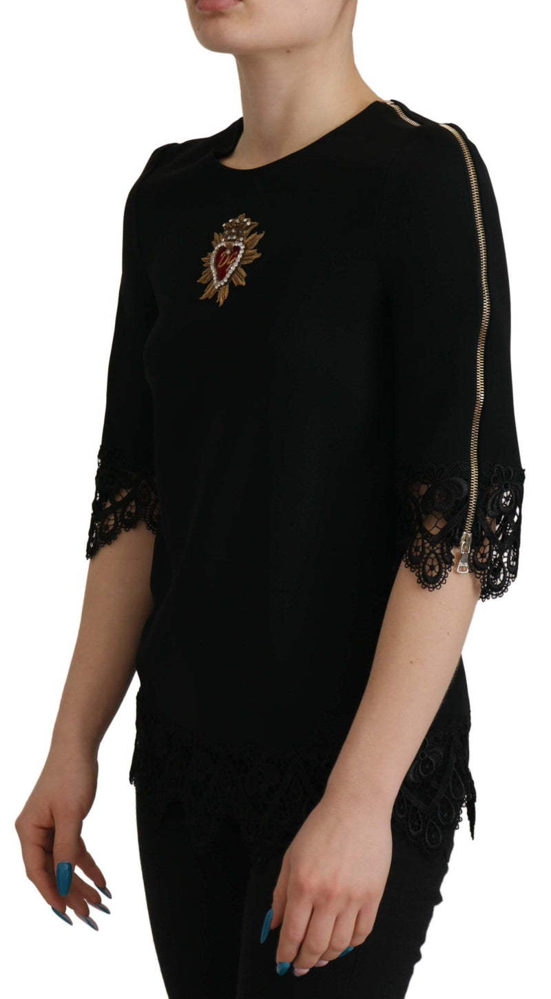 Black Cady Lace Trim Bead Embellished Logo Blouse