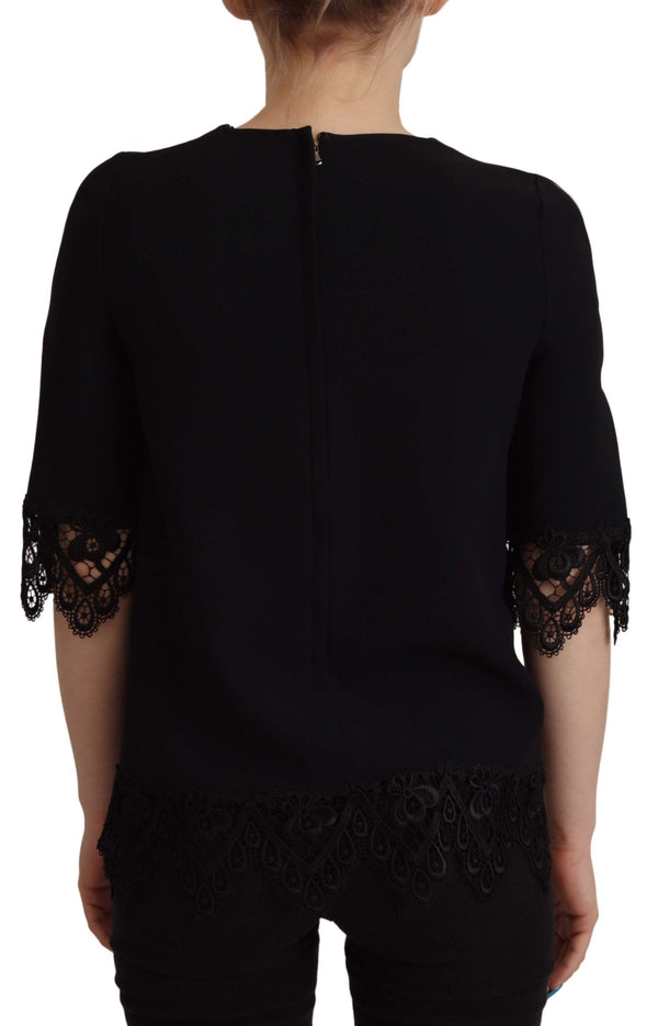 Black Cady Lace Trim Bead Embellished Logo Blouse