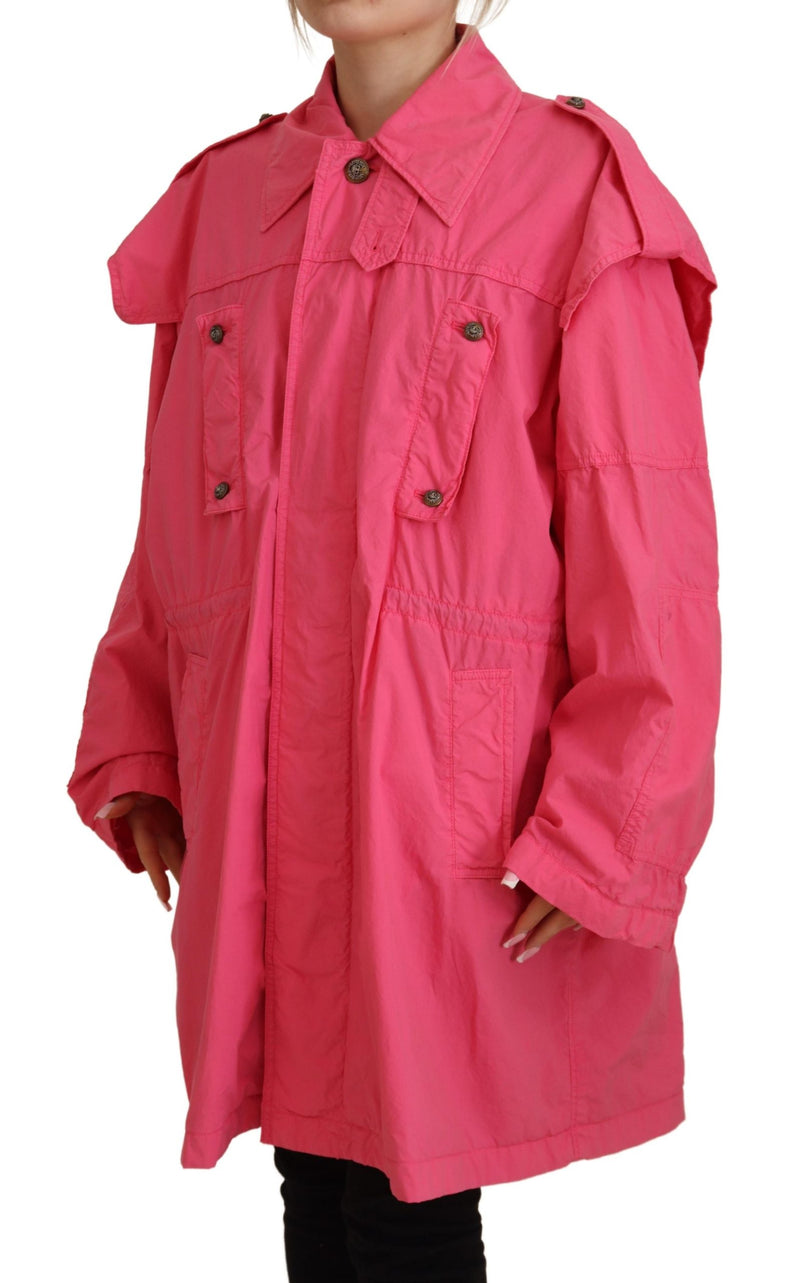 Pink Collared Long Windbreaker Cotton Jacket