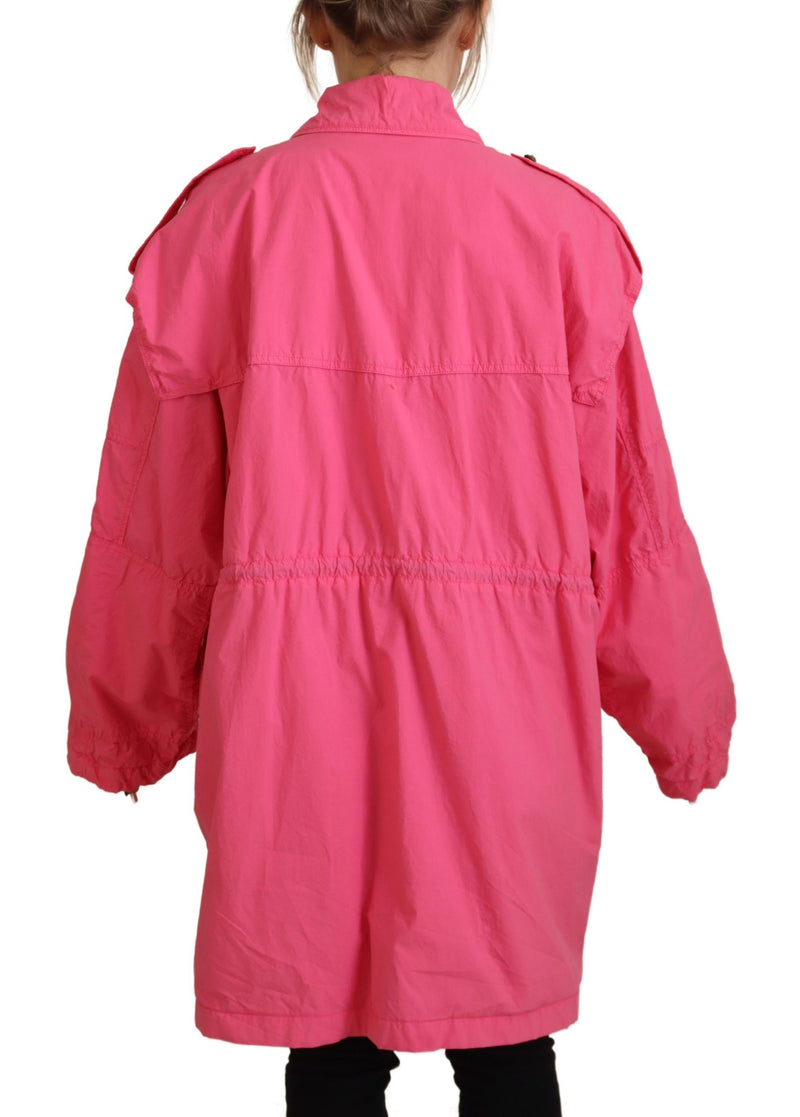 Pink Collared Long Windbreaker Cotton Jacket