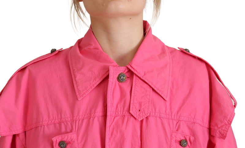 Pink Collared Long Windbreaker Cotton Jacket