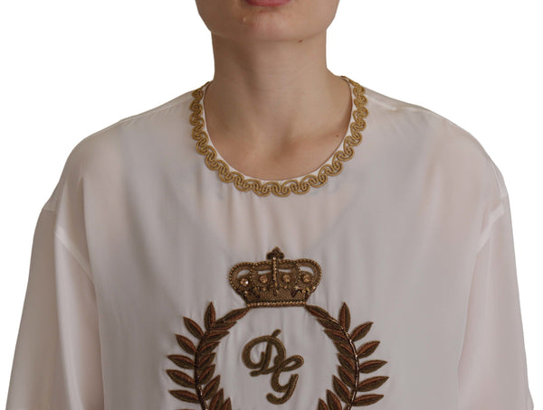 White Silk Gold DG Crown Crystal Blouse Top