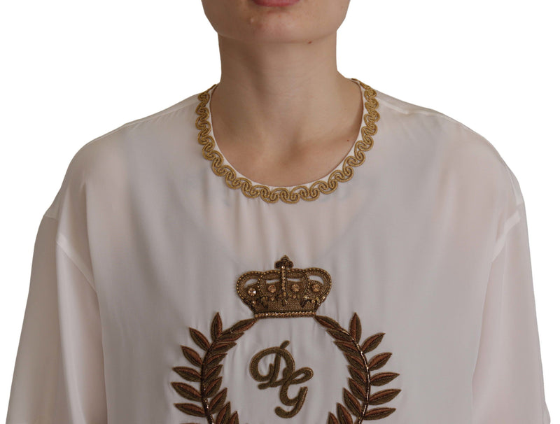 White Silk Gold DG Crown Crystal Blouse Top