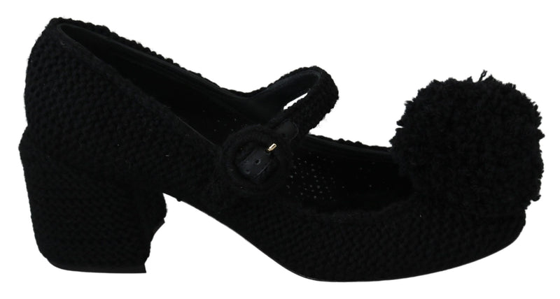 Black Wool Pom Pom Block Mary Jane Shoes