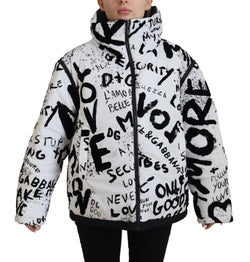 White Printed Full Zip Coat Polyester Jacket