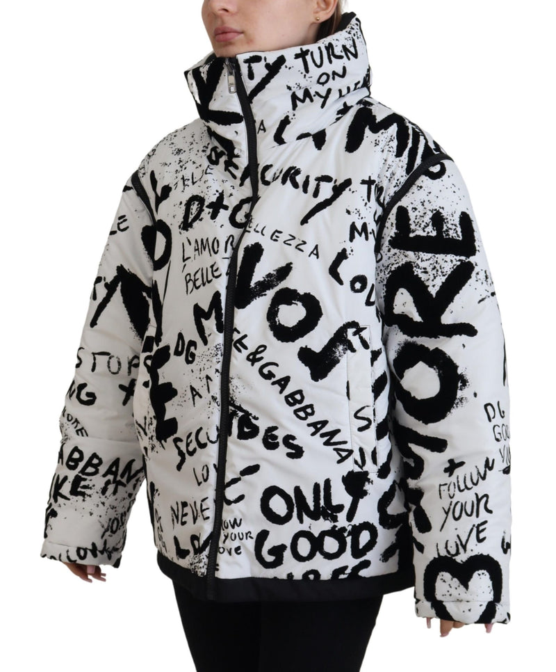 White Printed Full Zip Coat Polyester Jacket