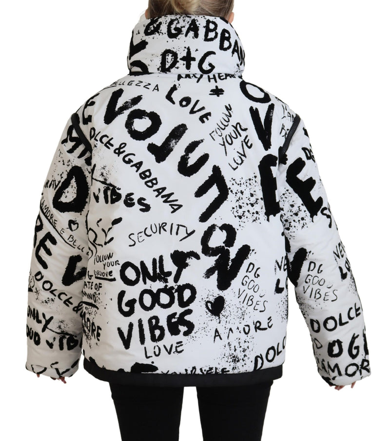 White Printed Full Zip Coat Polyester Jacket