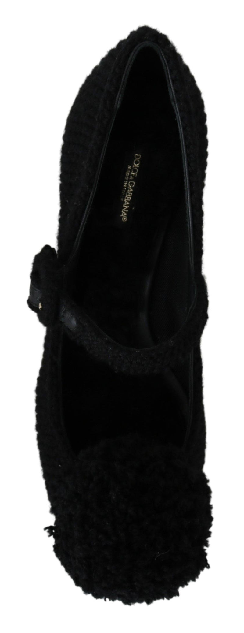 Black Wool Pom Pom Block Mary Jane Shoes