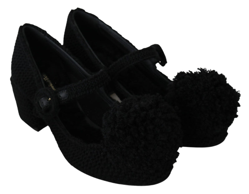 Black Wool Pom Pom Block Mary Jane Shoes