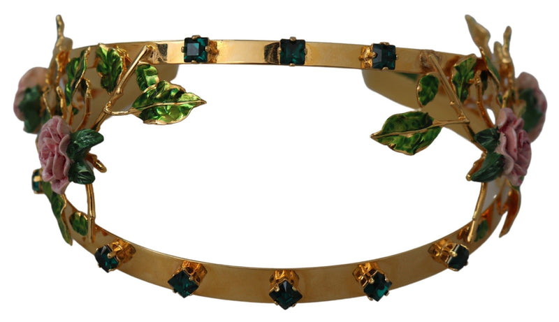 Gold Tone Brass Enamel Rose Green Crystals Headband Diadem