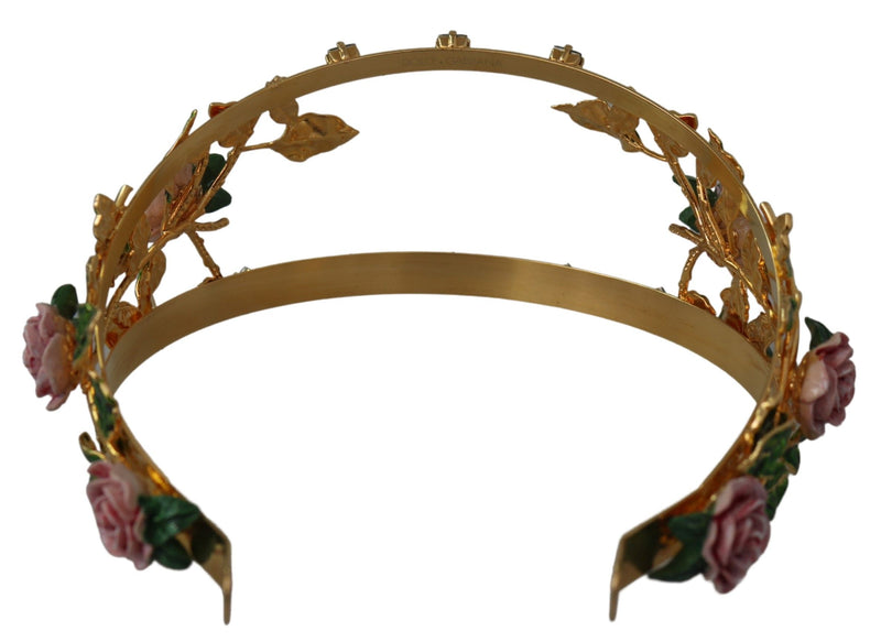 Gold Tone Brass Enamel Rose Green Crystals Headband Diadem