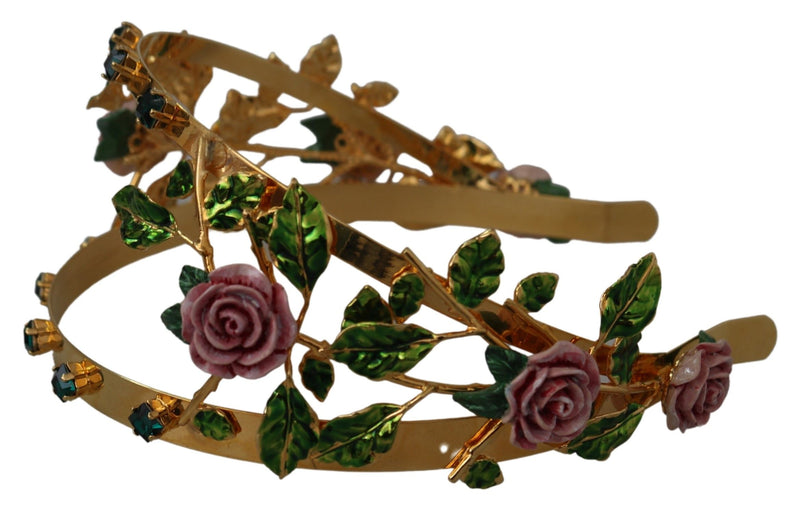 Gold Tone Brass Enamel Rose Green Crystals Headband Diadem