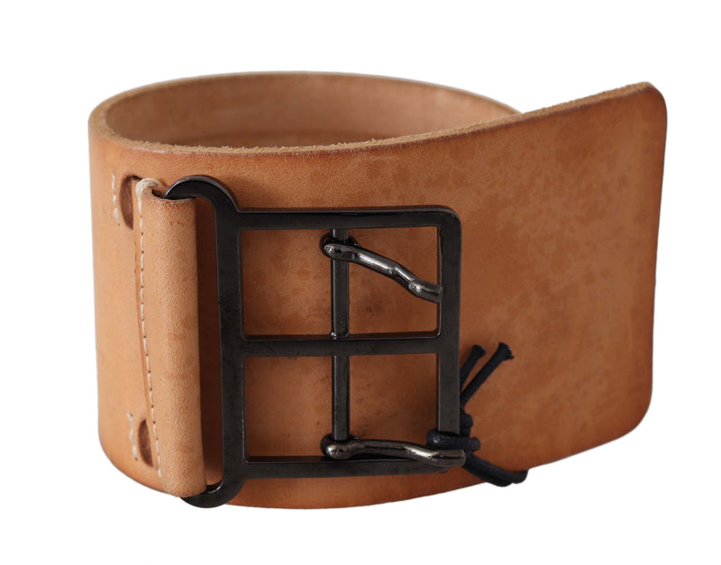 Brown Leather Studded Wide Buckle Waist Belt