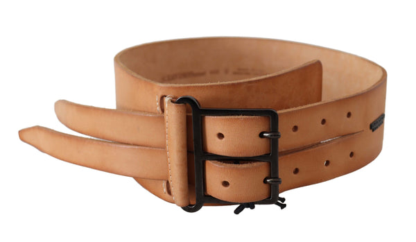 Brown Leather Studded Wide Buckle Waist Belt