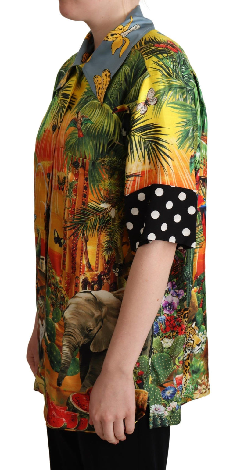 Multicolor Jungle Tropical Polka Dot Print Silk Shirt