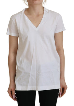 White Short Sleeve V-neck Cotton Top Blouse T-shirt