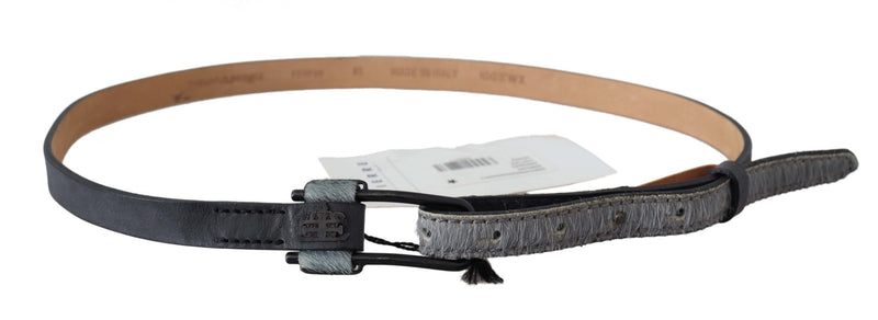 Gray Leather Fur Black Logo Buckle Belt