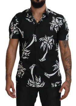 Black Palm Tree Cotton Silk Short Sleeve Shirt