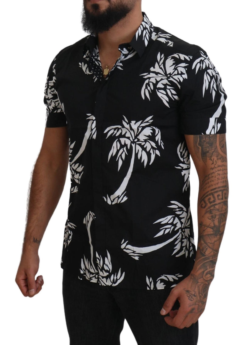 Black Palm Tree Cotton Silk Short Sleeve Shirt