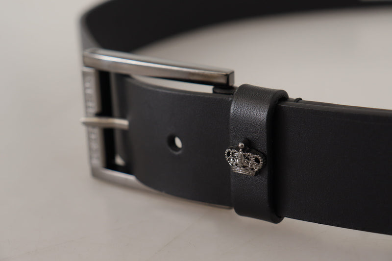 Black Calf Leather Engraved Crown Logo Buckle Belt