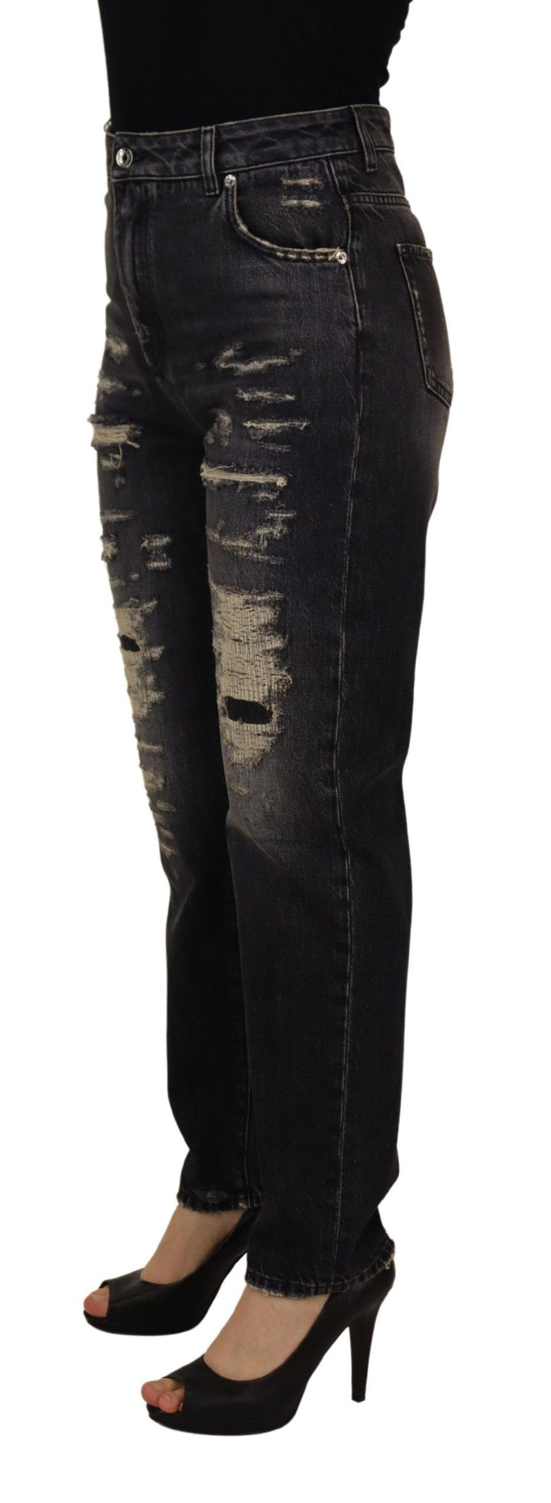 Black Washed Tattered High Waist Denim Jeans