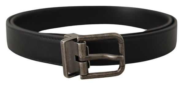 Black Plain Leather Vintage Logo Metal Buckle Belt