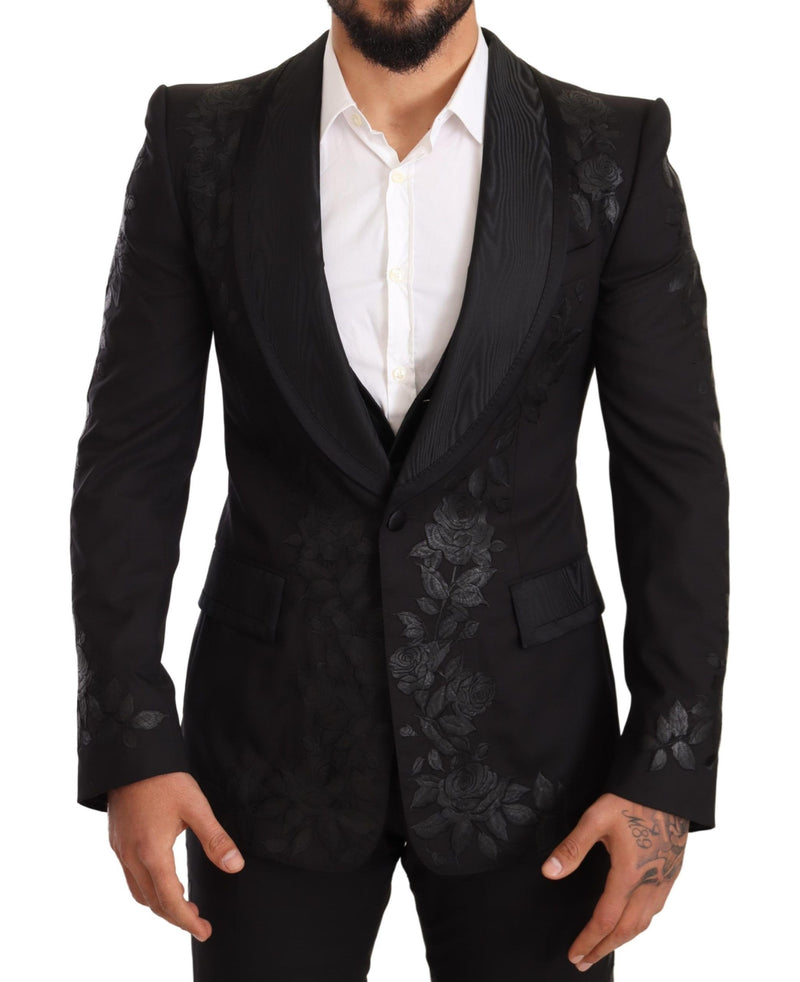 Black Floral Brocade Slim 3 Piece Set Suit