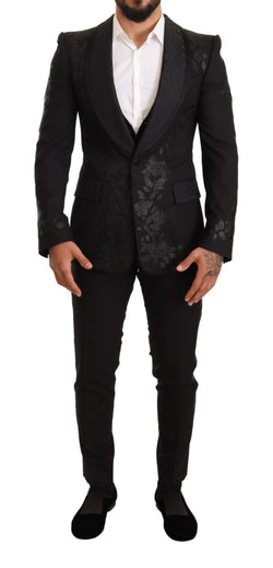 Black Floral Brocade Slim 3 Piece Set Suit