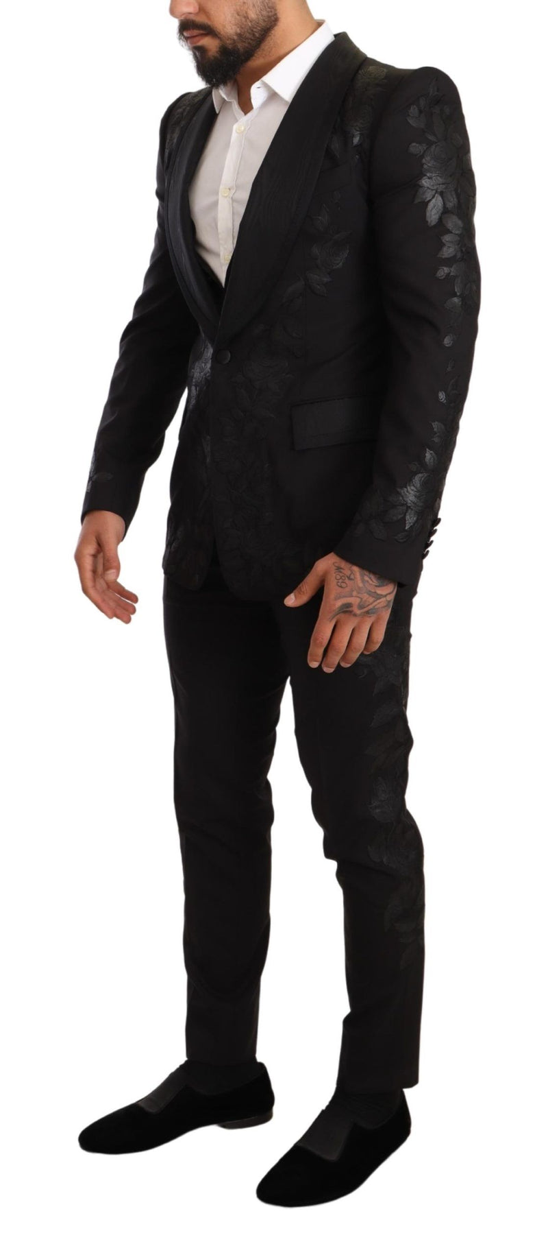 Black Floral Brocade Slim 3 Piece Set Suit