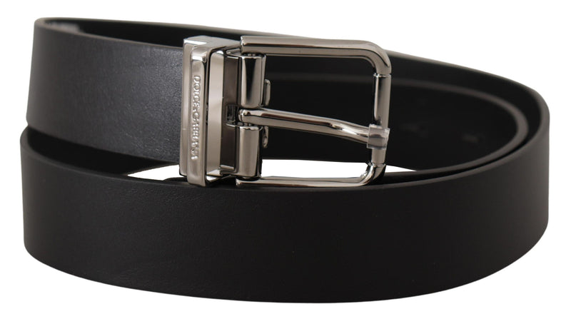 Black Calf Leather Logo Engraved Metal Buckle Belt