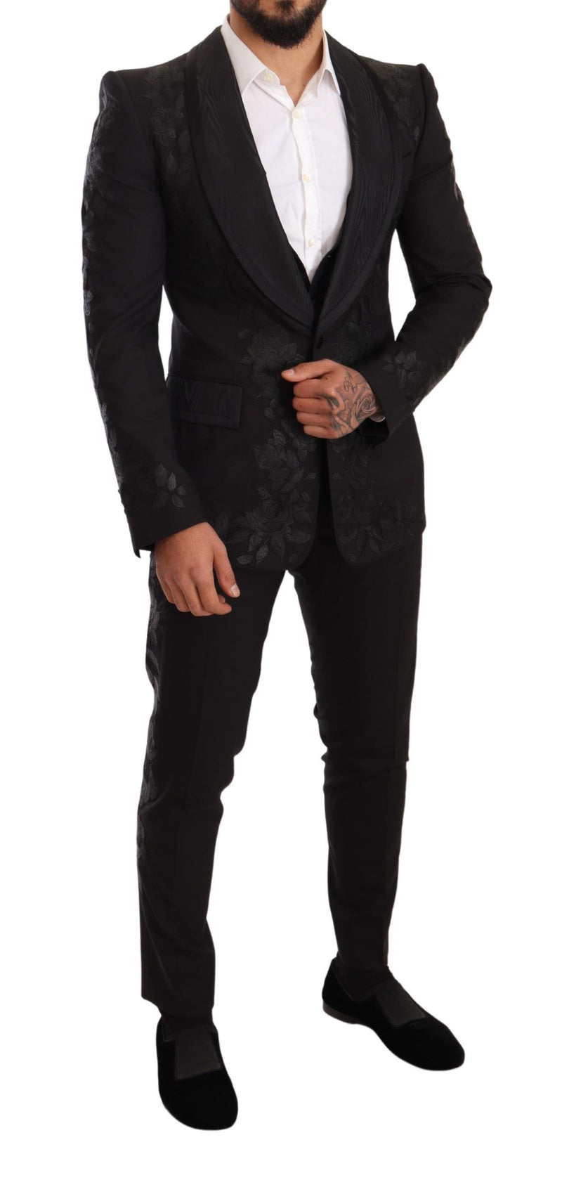 Black Floral Brocade Slim 3 Piece Set Suit