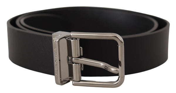 Black Casual Calf Leather Logo Metal Buckle Belt