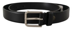 Black Plain Calf Leather Logo Metal Buckle Belt