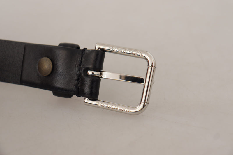 Black Plain Calf Leather Logo Metal Buckle Belt