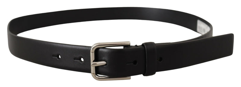 Black Plain Calf Leather Logo Metal Buckle Belt