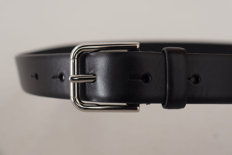 Black Plain Calf Leather Logo Metal Buckle Belt