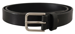 Black Calf Leather Silver Tone Metal Buckle Belt