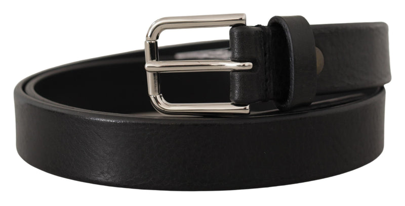 Black Calf Leather Silver Tone Metal Buckle Belt