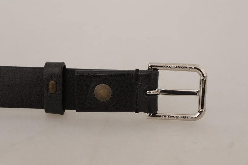 Black Calf Leather Silver Tone Metal Buckle Belt