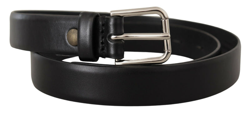 Black Calf Leather Silver Tone Logo Buckle Belt